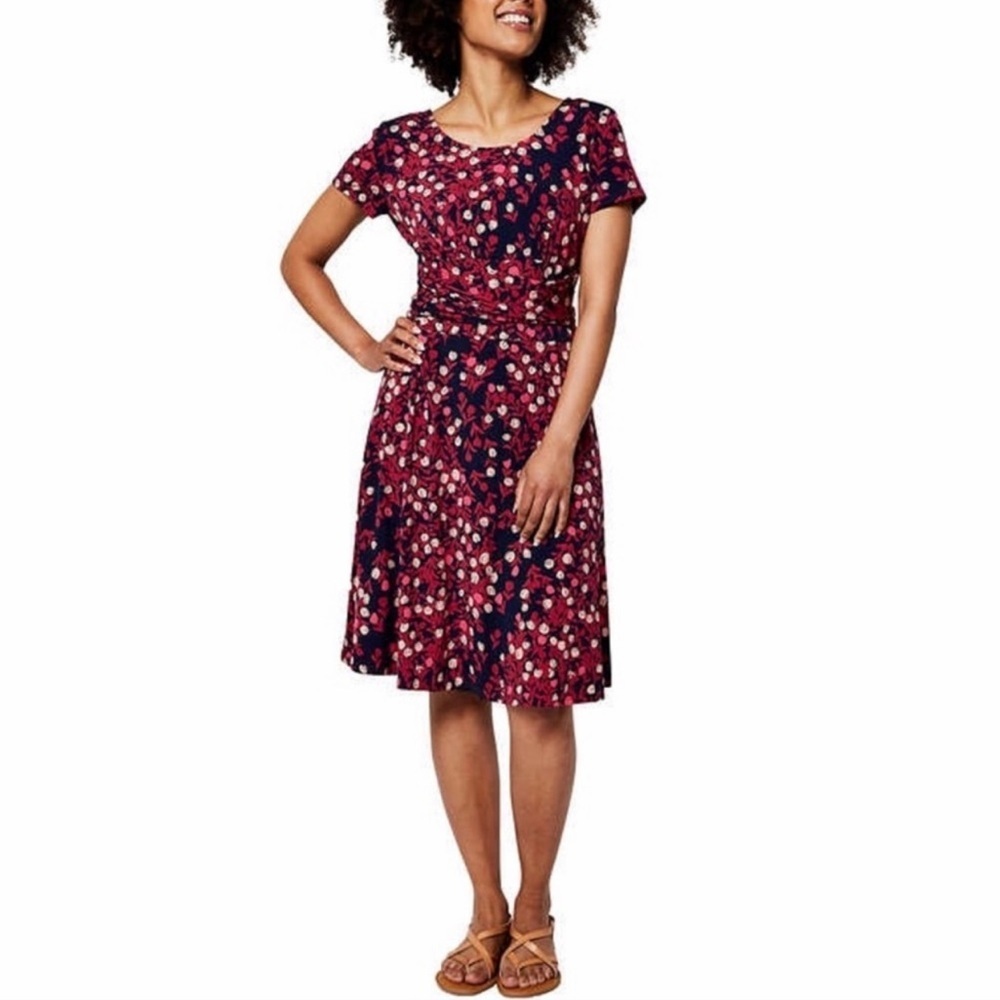 Leota Women’s Bridle Rose Print Navy Pink Floral Wrap Waist Short Sleeve Dress
